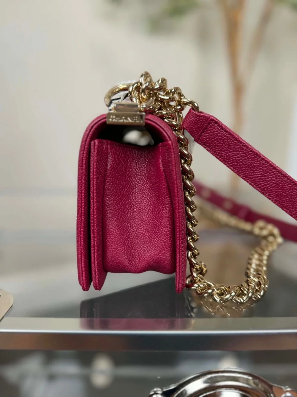 CHANEL Boy Chevron Quilted Crossbody Bag in Deep Berry with Gold Hardware